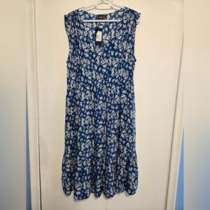 Seta T Blue Floral Midi Dress XL Sleeveless V Neck Pockets NWT